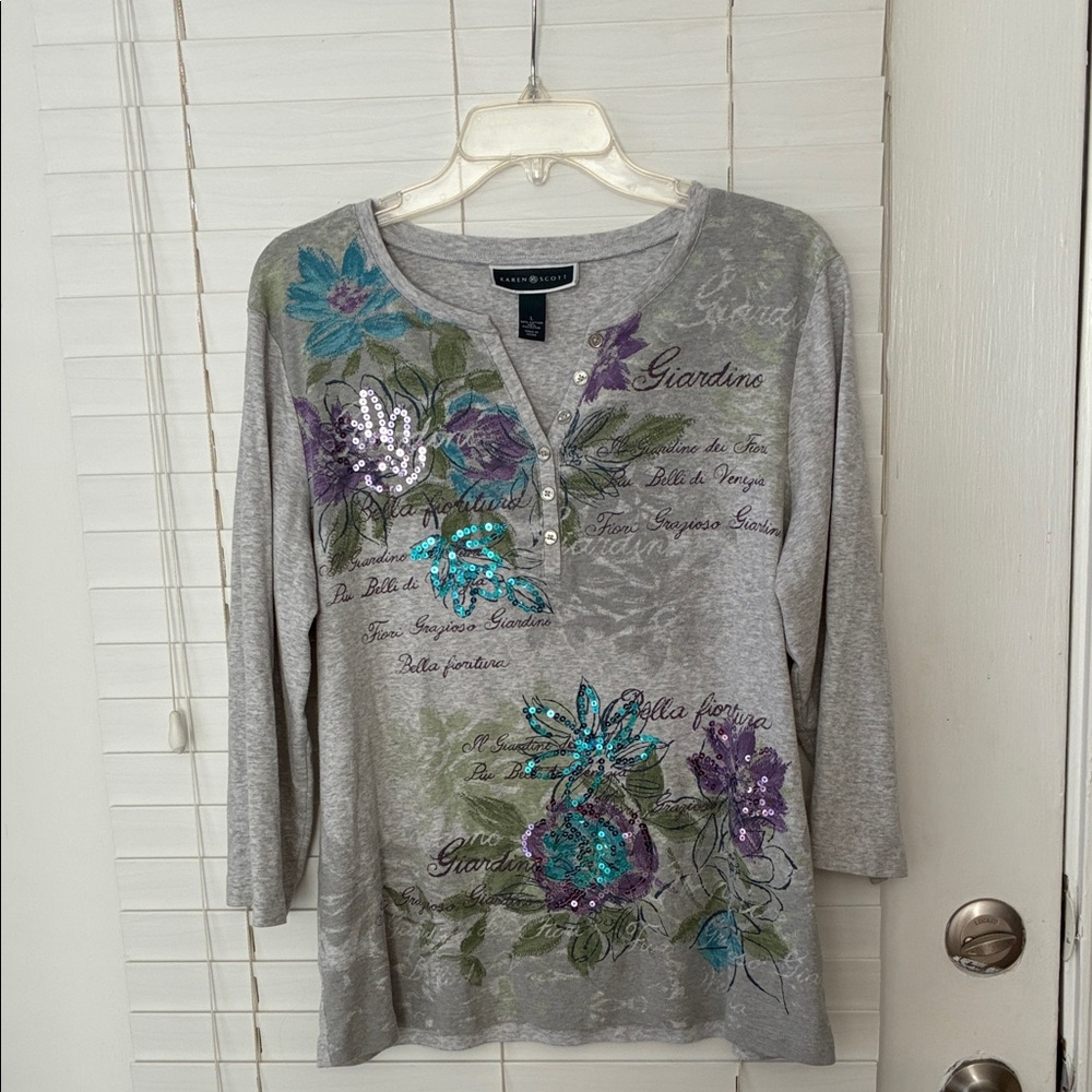 Karen Scott Tip T Shirt Sequin Embellished Gray Purple SZ L